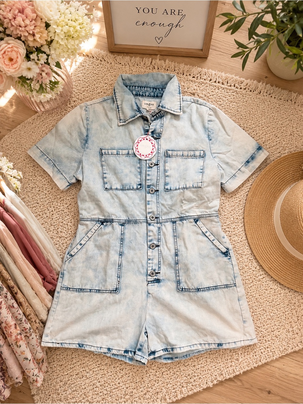 Light Wash Short Sleeve Denim Romper - Light Blue